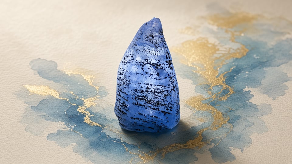 Ceylon sapphire crystal with watercolor editorial washes