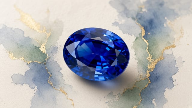 Oval royal blue sapphire with watercolor market washes on ivory