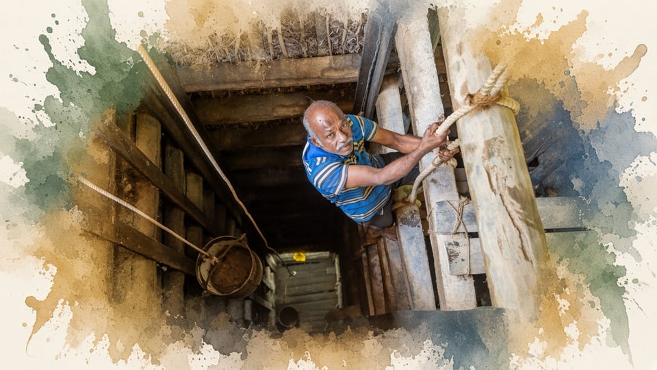 Artisanal sapphire mine shaft in Sri Lanka with watercolor editorial washes